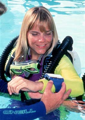 Cathryn  Castle during photo shoot for Draeger rebreathers in 1995